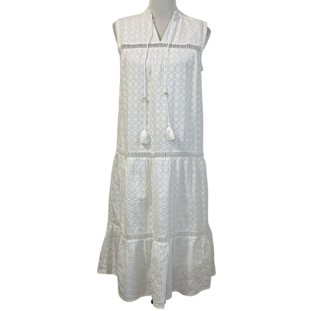 BINDU Womens Embroidered Eyelet Sleeveless Midi Dress Sz Medium White Tassels